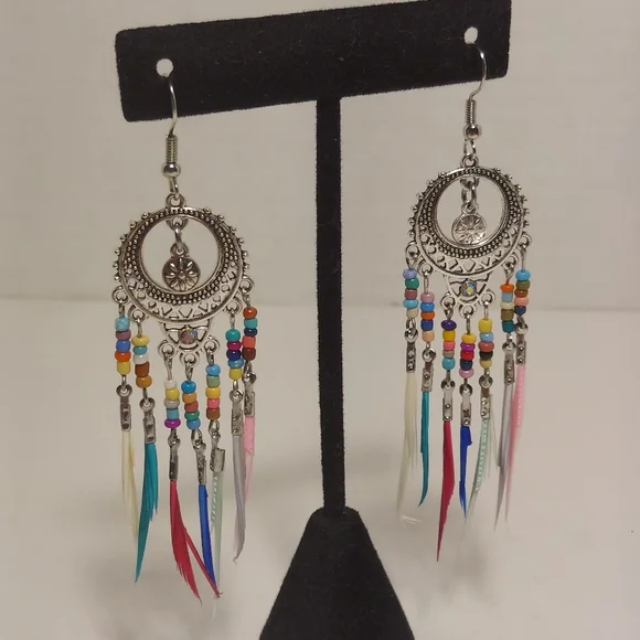 Boho Tassel Earrings Beaded Royal Feather Fringe Hook Fashion Jewelry Native - Picture 2 of 8